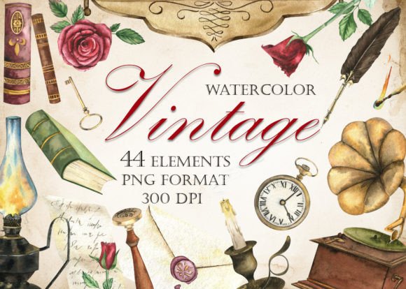 Watercolor Vintage Clipart Books Roses